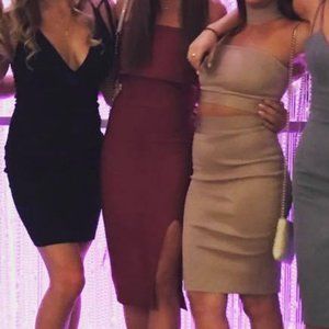 Burgundy Missguided off the shoulder midi body con dress